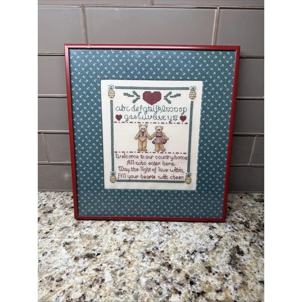 Vintage Country Framed Needle Point Teddy Bears Framed Art Work-cottage Core